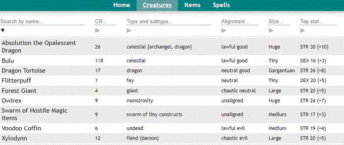 A cursor clicks on different categories within the Scroll-io page; from top stats to Challeng rating, to searching for a Lawful Alignment --Scroll-io Review--