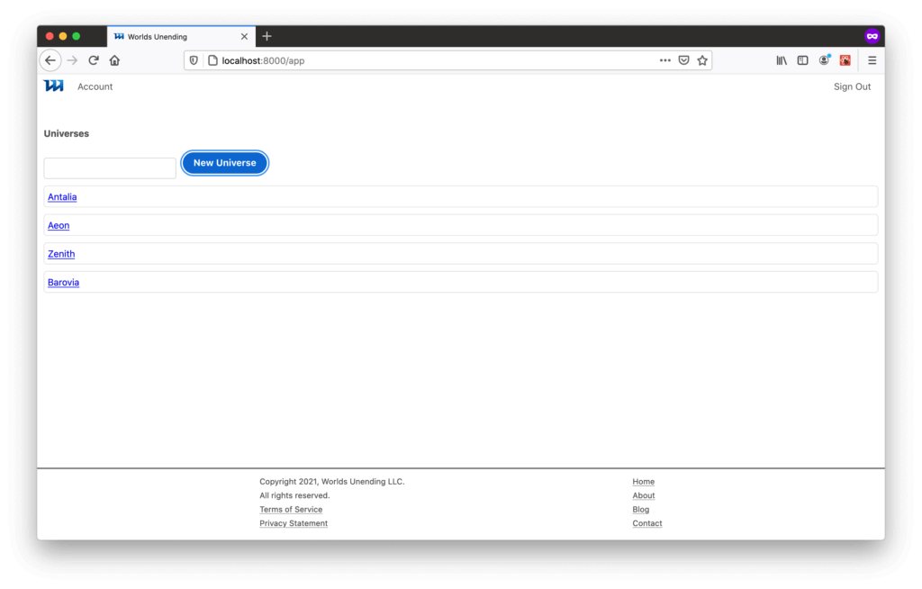 Screenshot of Worlds Unedings' demo showing existing links to Universes and a button to create a new universe