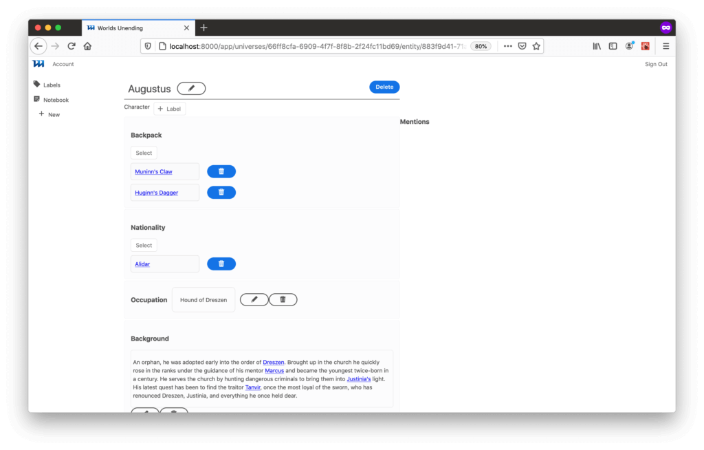Worlds Uneding demo screenshot showing a sample of a new character named Augustus. You can see items in his backpack, the selected nationalisty, enter an occupation, and enter in a background