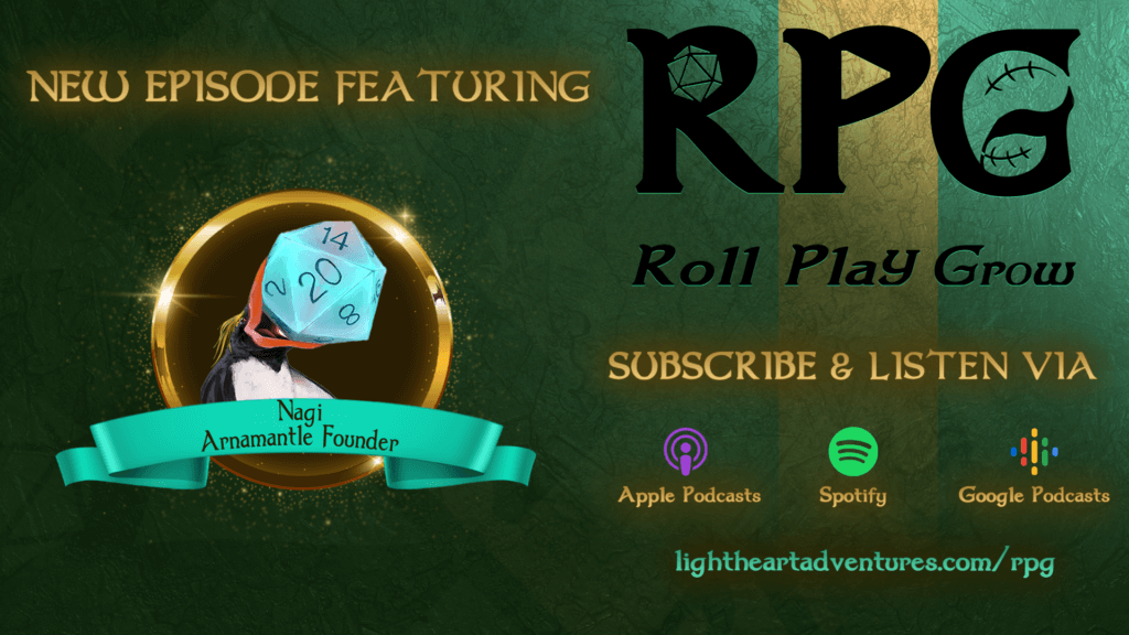 Nagi's avatar: a penguin holding a D20 is featured on a title image saying Roll Play Grow - Episode 66